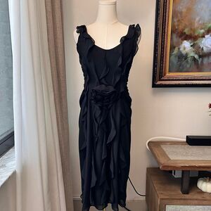 Cachet Black Ruffle Midi Dress – Size 8 (Fits Like 4, See Measurements)